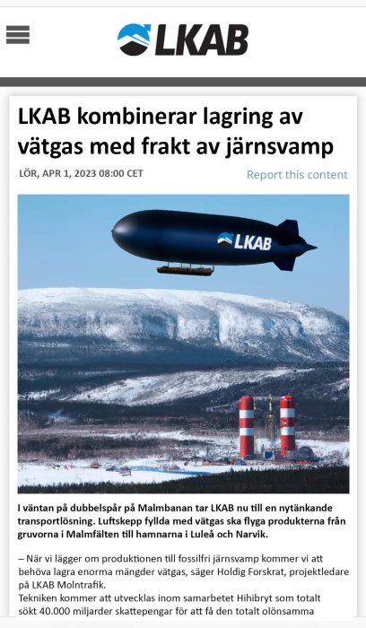 Ett luftskepp med företagslogotyp flyger över snöiga landskap, bär last under sig, illustrerar ny transportlösning.