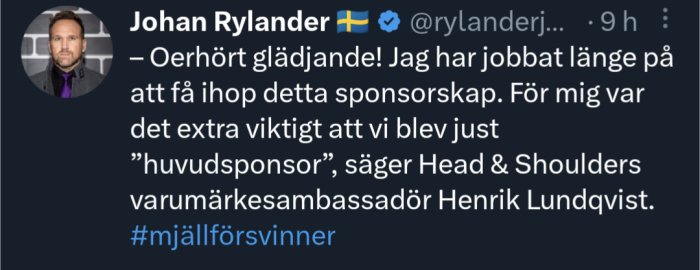 Skärmdump av Twitter-inlägg med profilbild på man, text om sponsring och varumärkesambassadör för Head & Shoulders.