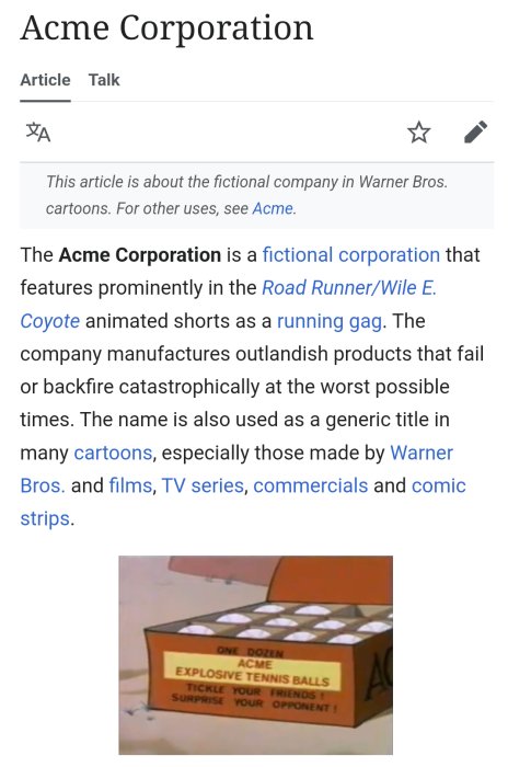 Skärmbild av Wikipedia-artikel om Acme Corporation från Warner Bros. tecknade serier, exempel på explosiva tennisbollar.