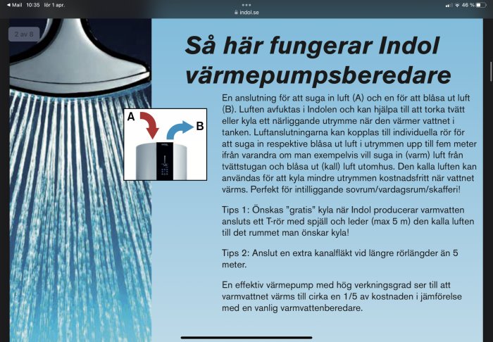 Svensk instruktion om Indol värmepumpsberedare, luftanslutningar, effektivitet och tips för installation.