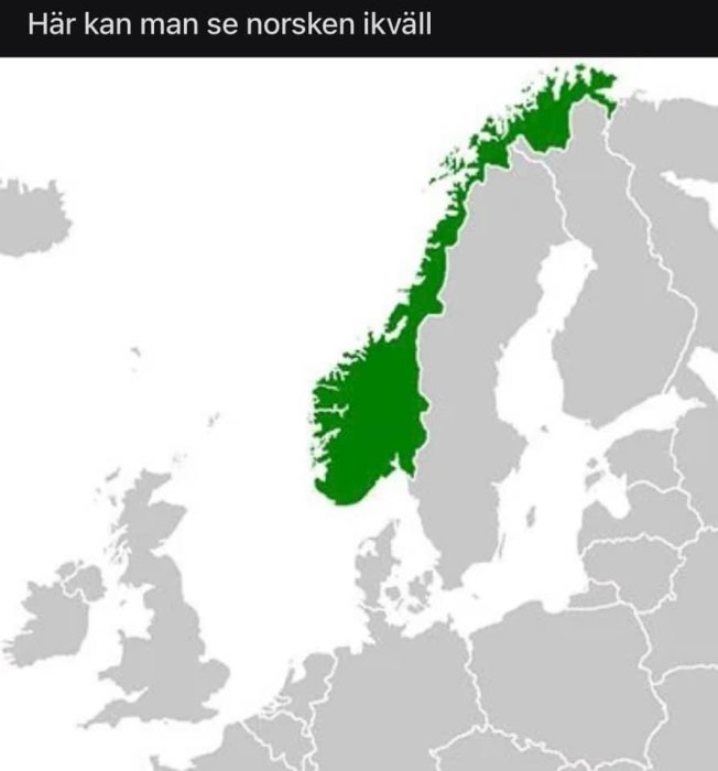 Karta visar var norrsken potentiellt syns i Norden ikväll. Grönmarkering på norra Skandinavien.