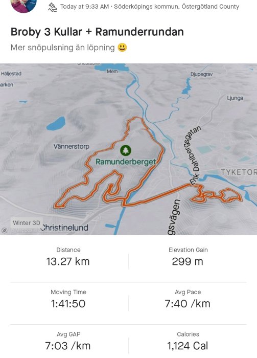 Skärmklipp av löpningsrunda, Ramunderrundan, karta, distans, tid, höjdskillnad, tempo, kaloriförbrukning.