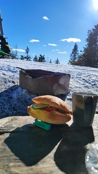 Vinterpicknick med sandwich och kopp, grill, skidor, blå himmel, sol, snötäckt mark, träd.