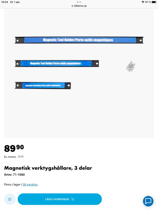 E-handelssida visar magnetisk verktygshållare, prisinformation, köpknapp och lagerstatus från Biltema.se.