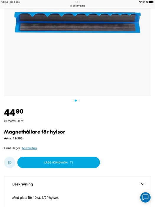 Blå och svart magnetisk hylshållare för tio hylsor, visad på en webbsida för försäljning.