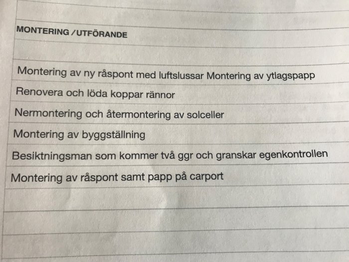 Lista över arbetsuppgifter, bland annat montering och renovering, med fokus på byggbranschen.