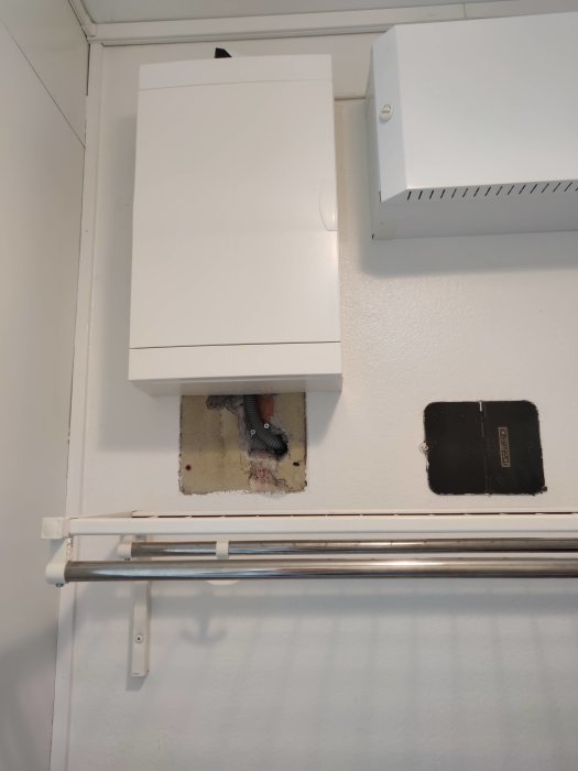 Vit skåp och elcentral på vägg, lediga rör genom hål, metallstänger framför.