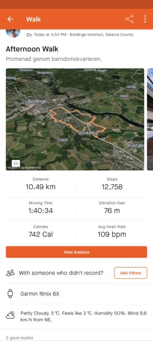 Eftermiddagspromenad i Borlänge, 10,49 km, steg 12 758, 742 kalorier, Garmin fenix 6X, delvis molnigt.