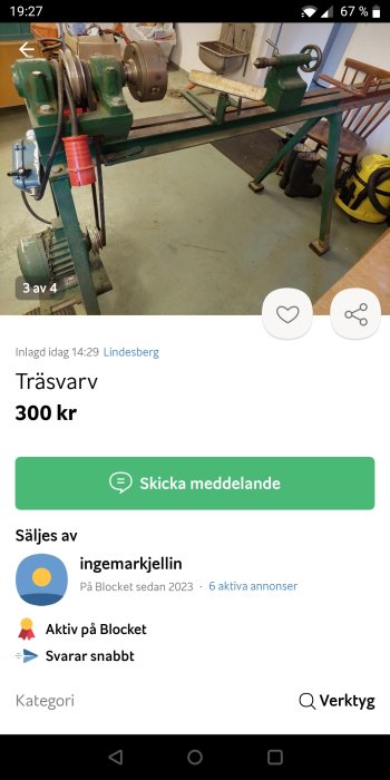 Träsvarv till salu för 300 kr på en köp-och-sälj plattform; grönt, långt, maskinen har flera delar.