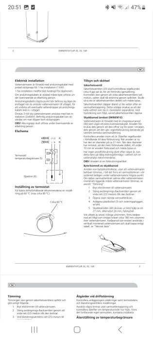 Svensk bruksanvisning för installation och underhåll av vattenvärmare, inkluderar diagram och termostatinställningar.