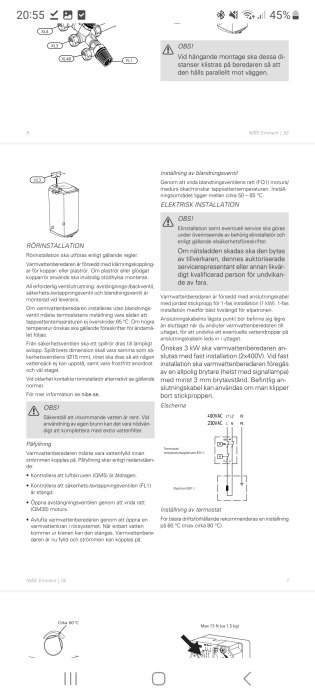 Instruktionsmanual för installation av varmvattenberedare, säkerhetsinformation och diagram på svenska.
