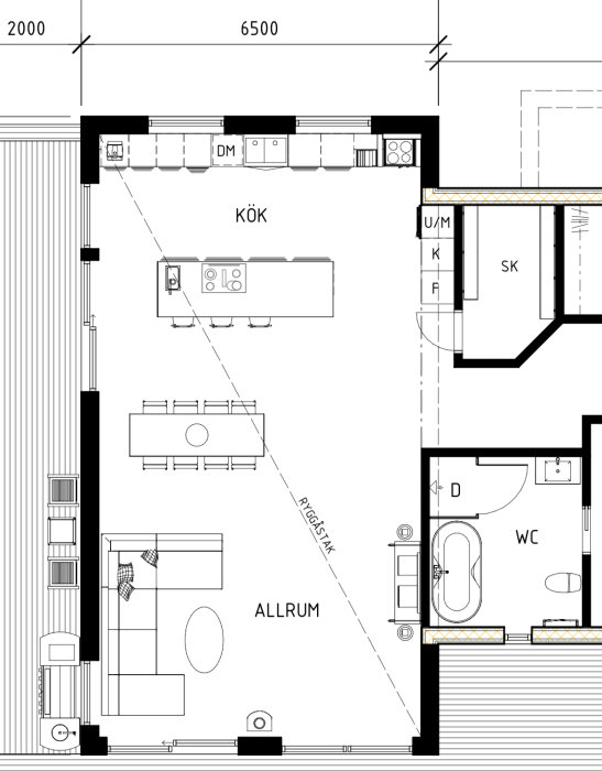 Svartvit planritning av lägenhet med kök, allrum, badrum och förvaringsutrymmen, måttangivelser inkluderade.