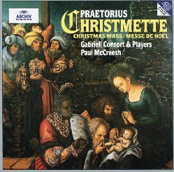 Omslagsbild för Praetorius julmusikalbum, innehåller renässansmålning av biblisk scen med Jungfru Maria och Jesusbarnet.