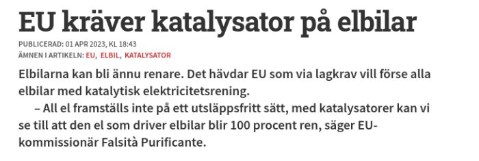 Artikel om EU:s krav på katalysatorer för renare elbilar och elektricitet.