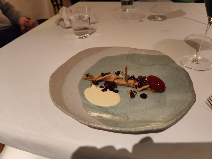 Elegant dessert på stentallrik, konstfull presentation, fin restaurang, bakverk med sås, minimalistisk stil.