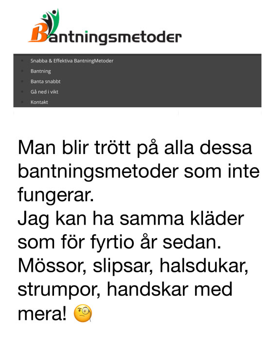 Skärmklipp av webbsida, humoristisk text om ineffektiva bantningsmetoder, samma storlek på klädesplagg i fyrtio år.