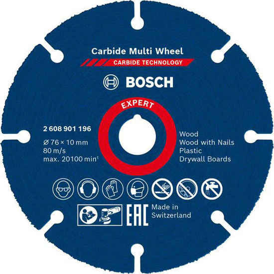 Mörkblå sågklinga, Bosch Expert, Carbide Multi Wheel, trä/plast/snickeri, säkerhetsikoner, "Made in Switzerland".