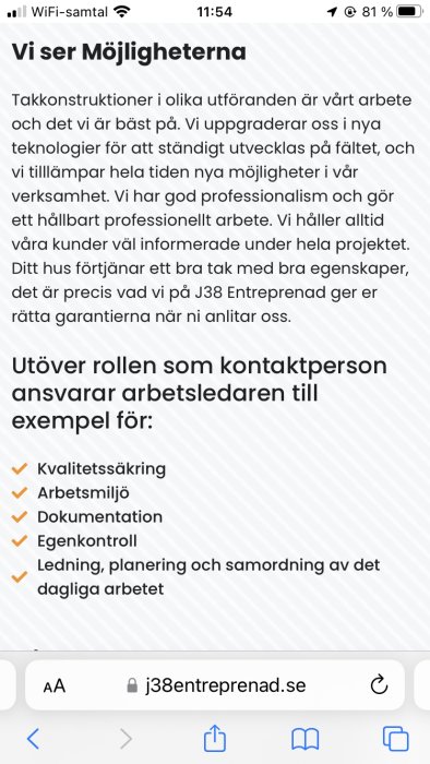 Text på svenska, beskriver byggfirma, tjänster, kvalitetssäkring, arbetsmiljö, dokumentation, egenkontroll, projektledning.