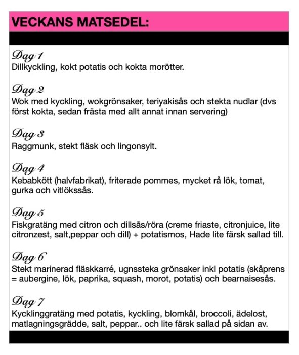 Bild på en veckas matsedel med varierade maträtter för varje dag.