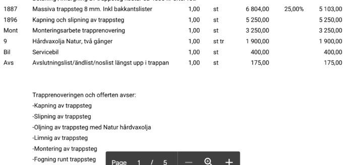 Dokument, offert för trapprenovering, prislista, rabatt, uppskattade kostnader, arbetsmoment beskrivna, svenska språket.