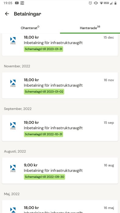 Skärmbild på en betalningshistorik för infrastrukturavgifter från Transportstyrelsen i en mobilapp.