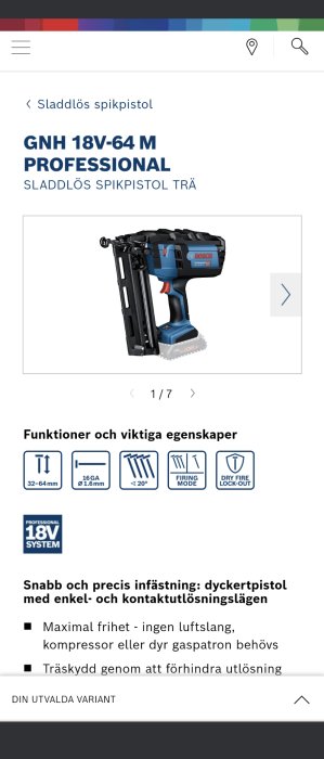 En sladdlös blå spikpistol från Bosch med beteckningen "GNH 18V-64 M Professional" för trä.