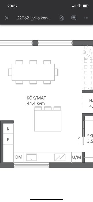 Ritning av kök och matplats, modern planlösning, möblering skissad, 44,4 kvadratmeter stort utrymme.