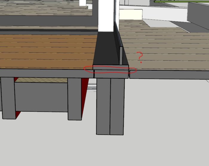 3D-modell av arkitektonisk detalj, trädäck, pelare, frågetecken markerar potentiell problemområde.