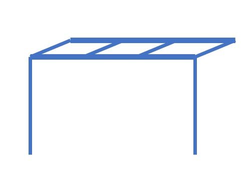 Enkel blå linjetekning av en struktur som föreställer ett minimalistiskt tak eller en pergola.