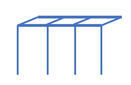 Blått linjeillustration av en enkel paviljong eller carport-struktur utan väggar.