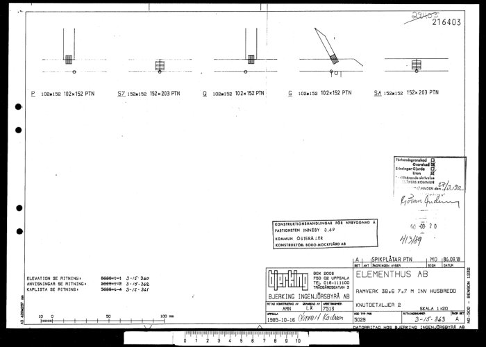 Teknisk ritning, fyra detaljvyer, måttsättning, svenska anteckningar, stämplat och daterat, ritningsreferenser, linjal för skala.