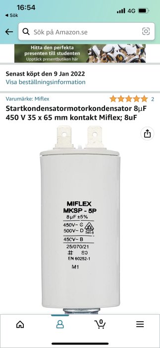 Skärmdump av Amazon produkt, motorstartkondensator, Miflex, 8uF, 450V, granskningar, inköpsdatum.