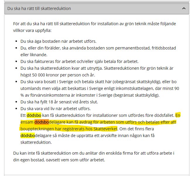 Skärmklipp av text om skattereduktion i Sverige, markerad del om dödsbo och betalning efter bouppteckning.