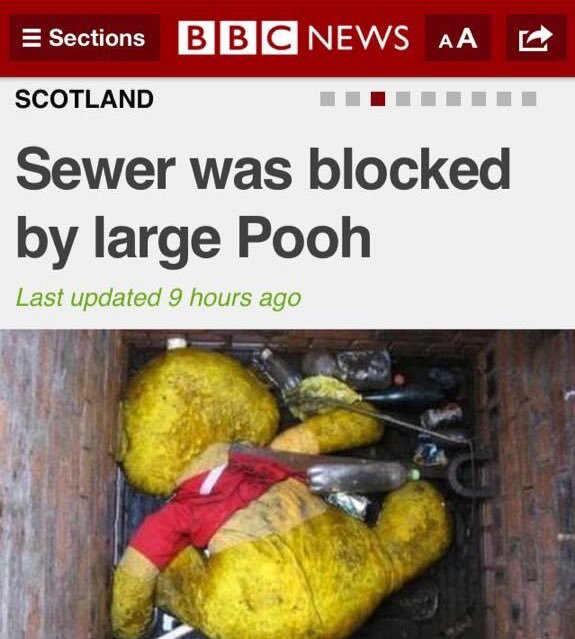 BBC News-skärmdump; igensatt avlopp av stor gosedjurs-Pooh-figuren; komisk ordlek.