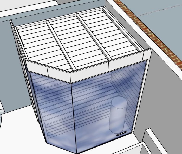 3D-renderad bild av en genomskinlig kyl, vitvaror, inomhus, realistisk skiss, en cylinderformad objekt inuti.