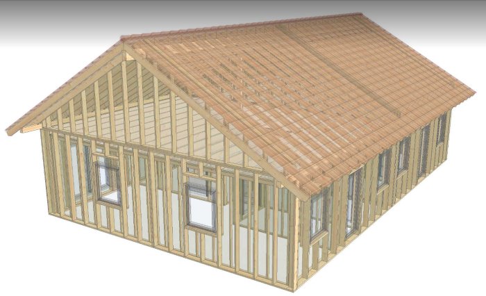3D-modell av trähusstomme under konstruktion med synlig regelstomme och tegeltak.