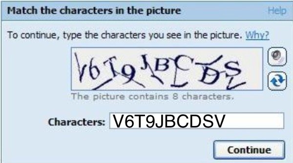 CAPTCHA-skärm, förvrängd text, användare anger tecken för att fortsätta, felaktig inmatning.