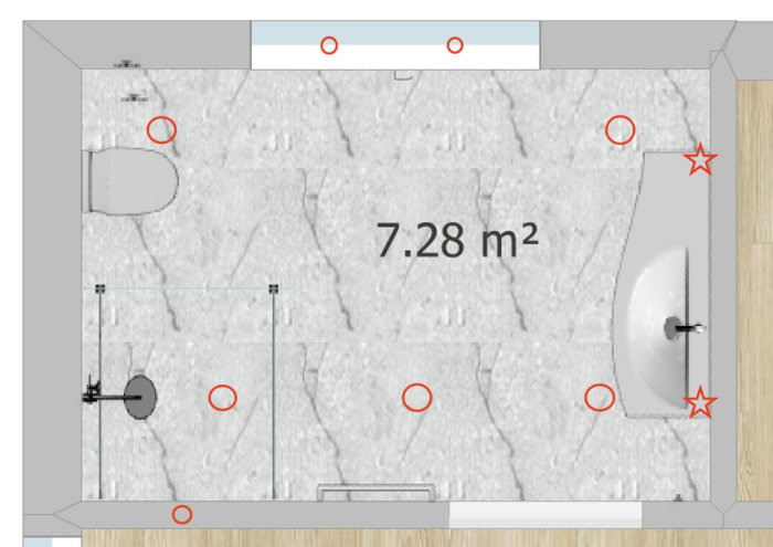 Ritad planlösning av badrum med mått, inredning och rörmärkningar. Total yta är 7.28 kvadratmeter.