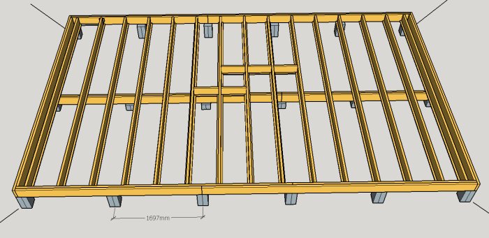 CAD-ritning av trägolvstomme med måttsättning och stödben.