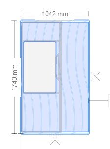 Arkitektonisk ritning av en dörr, storleksangivelser på bredd (1042 mm) och höjd (1740 mm), skala ej angiven.