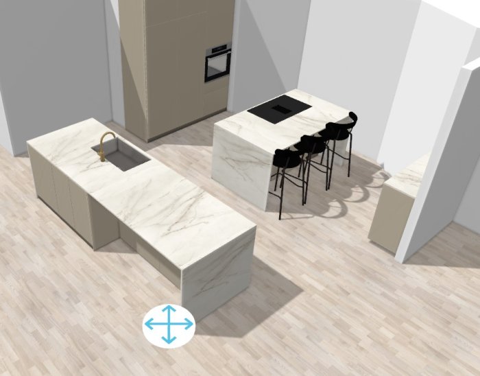 Modern kökdesign med marmoröar, svarta stolar, inbyggda apparater och ljusa trägolv.