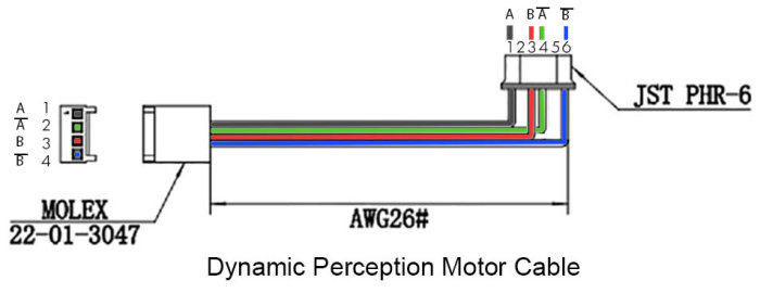 Schematisk bild av en motor kabel med Molex och JST-kontakter och färgkodad kabeldragning.