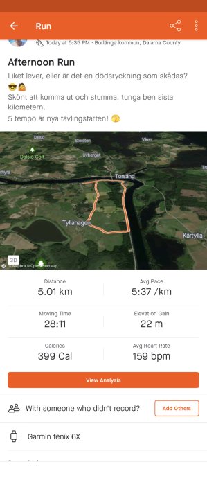 Eftermiddagslöpning på 5.01 km, tid 28:11, kaloriförbrukning 399, medelhastighet och hjärtrytm registrerad.