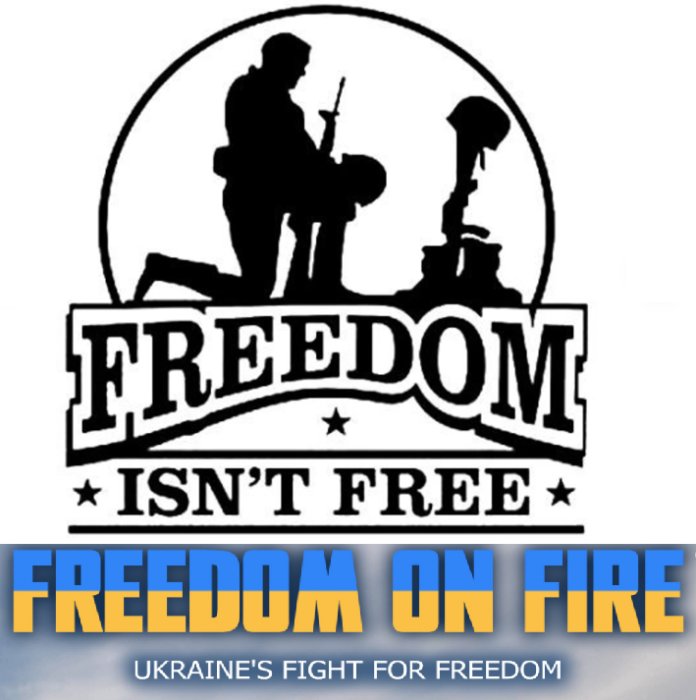 Bild på en emblemliknande illustration med texten "FREEDOM ISN'T FREE" och "FREEDOM ON FIRE, UKRAINE'S FIGHT FOR FREEDOM".