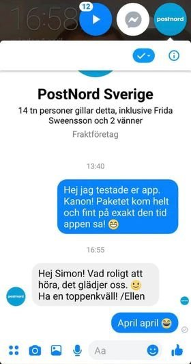 Skärmdump av en konversation på Facebook Messenger med PostNord Sverige, inkluderar textmeddelanden och tidsstämplar.