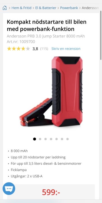 Röd-svart kompakt bilnödstartare med powerbank, ficklampa, USB-utgångar och produktinformation som visar pris.