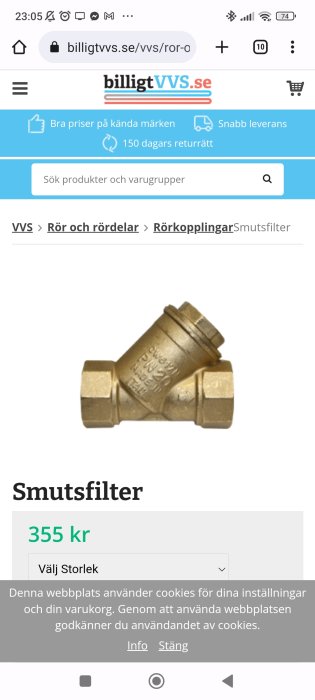 E-handelswebbsida med bild på smutsfilter i mässing för VVS, prissatt 355 kronor.