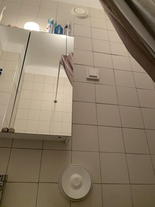 Badrumsvy från ovansidan: spegel, handdukskrok, kakelvägg, taklampa, toalettartiklar, duschhörna.