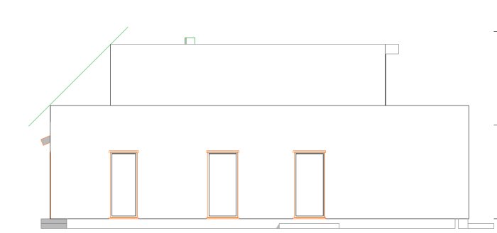 Enkel arkitektonisk ritning av husfasad med fönster och trappan utomhus.