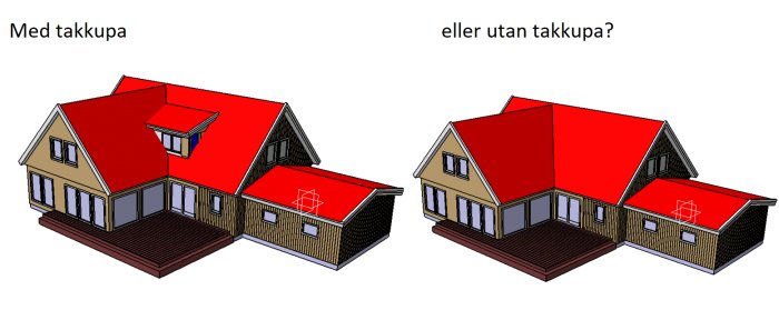 Två ritningar av hus, ett med takkupa, ett utan. Rött tak, beige väggar, bruna detaljer.